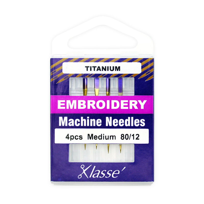 Klasse Sewing Machine Needles, EMBROIDERY TITANIUM Size 80/12, Pack of 4 Needles
