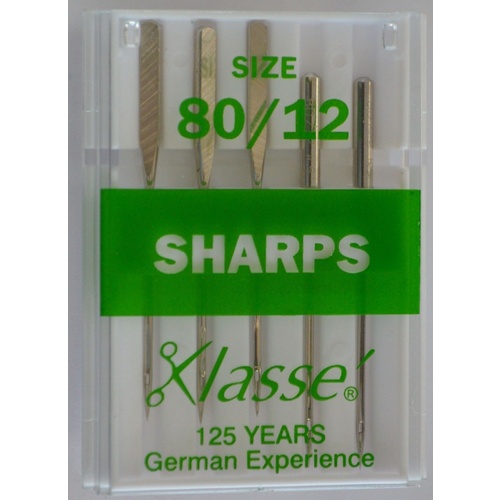 Klasse Sewing Machine Needles, SHARPS Size 80 / 12, Pack of 5 Needles