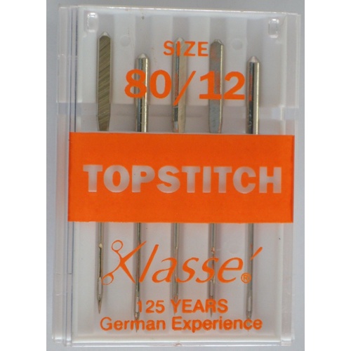 Klasse Sewing Machine Needles, TOPSTITCH Size 80 / 12, Pack of 5 Needles