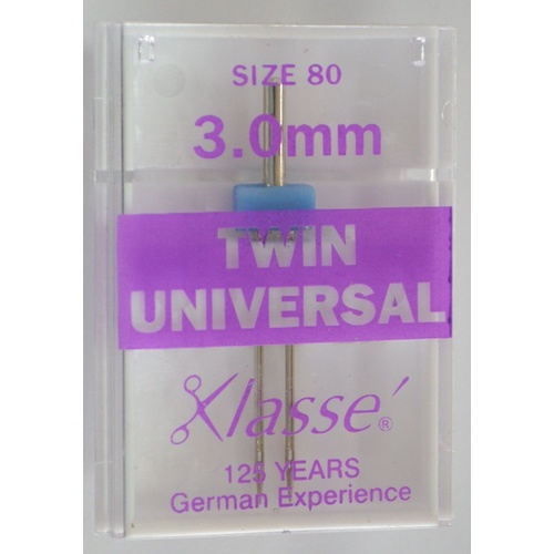 Klasse Sewing Machine Needles, TWIN UNIVERSAL 3.0 80/12, Pack of 1 Needle