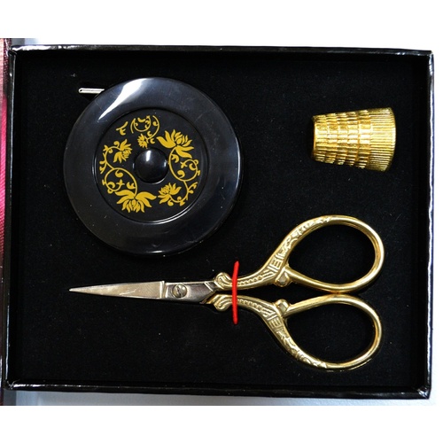 Klasse Embroidery Gift Set Scissors, 1.5m Tape & Thimble, Gold Colour Gift Boxed