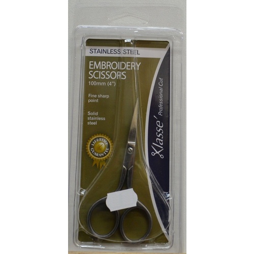 Klasse Stainless Steel Embroidery Scissors, 100mm, 4", Fine Sharp Point, LIFETIME GUARANTEE