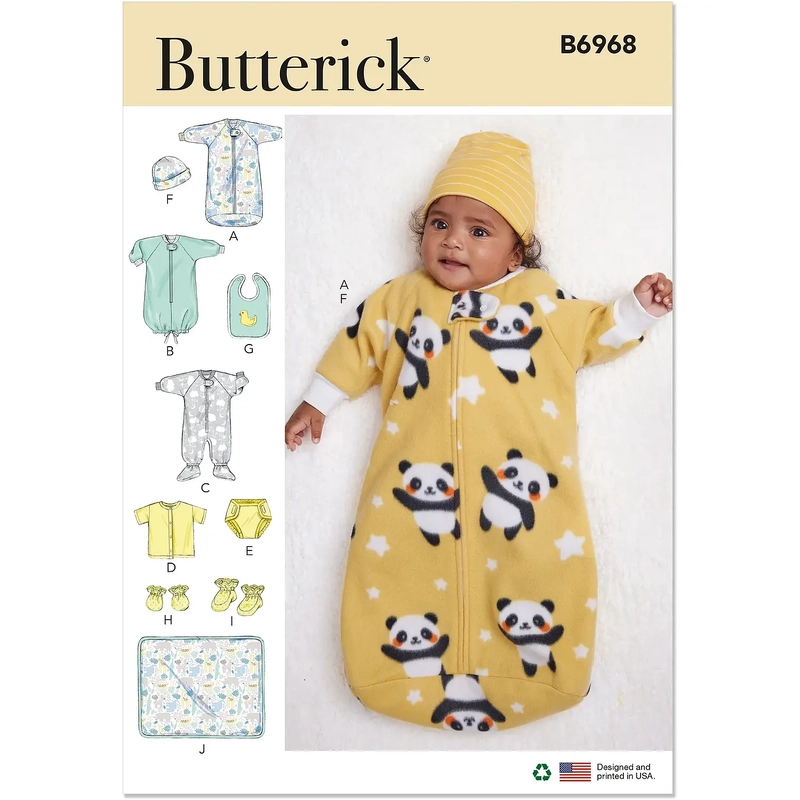 Infants' Bunting, Jumpsuit, Shirt, Diaper Cover, Hat, Bib, Mittens, Booties & Blanket, Butterick Sewing Pattern 6968A