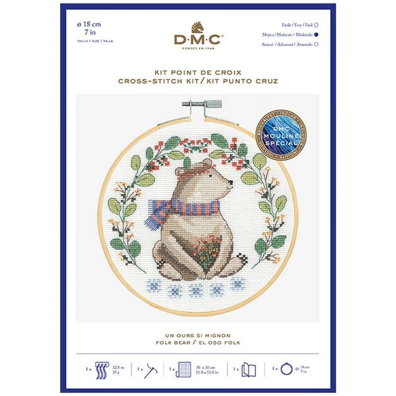 DMC FOLK BEAR Counted Cross Stitch Kit 18cm Diameter, BK1927