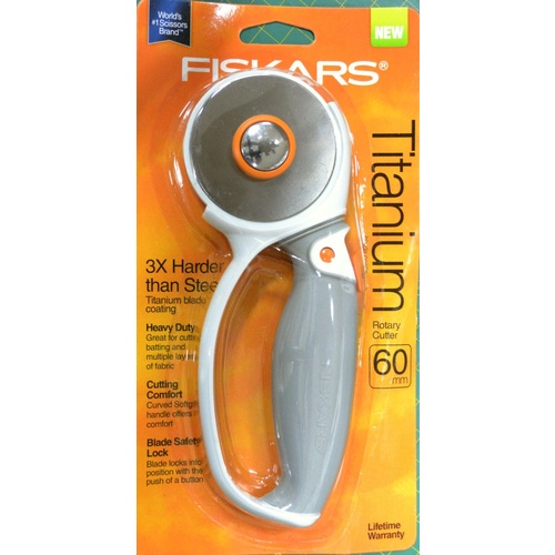 FISKARS 60mm Rotary Cutter, TITANIUM BLADE, Soft Grip Loop & Safety Blade Lock