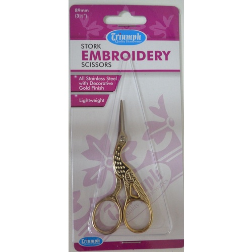 Triumph Stork Embroidery Scissors, 89mm (3 1/2"), Lightweight, Gold Finish