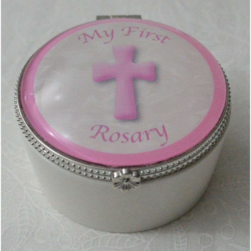My First Rosary Porcelain Box, Pink, 60mm Diameter, 40mm High, Hinged Lid