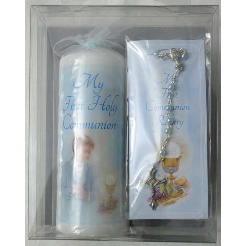 Communion Candle W Pearl Rosary, Boy. Candle Measures 55mm Diameter x 140 High