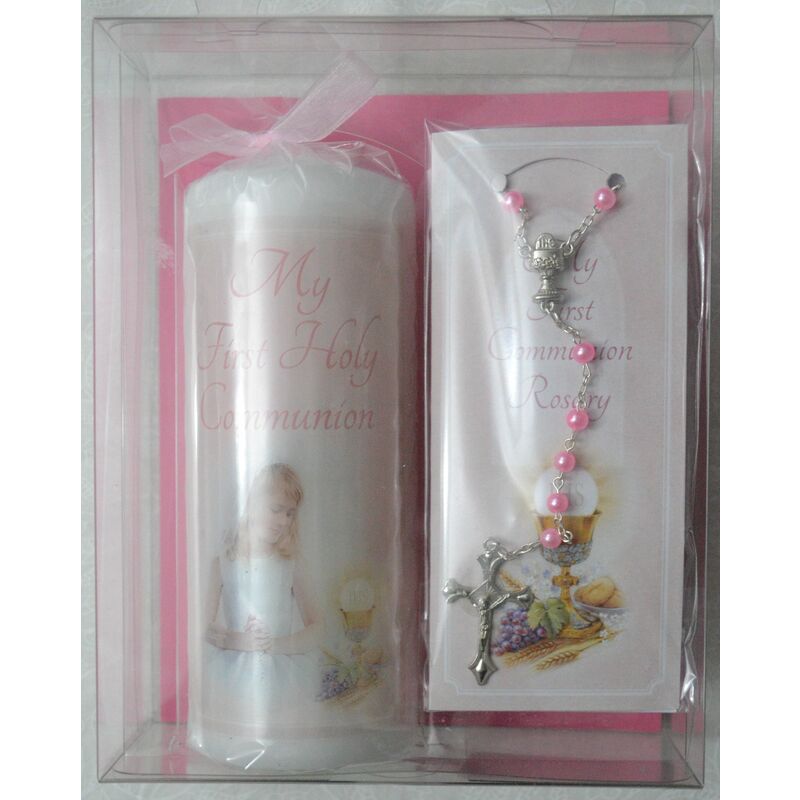 Communion Candle W Pearl Rosary, Girl. Candle Measures 55mm Diameter x 140 High