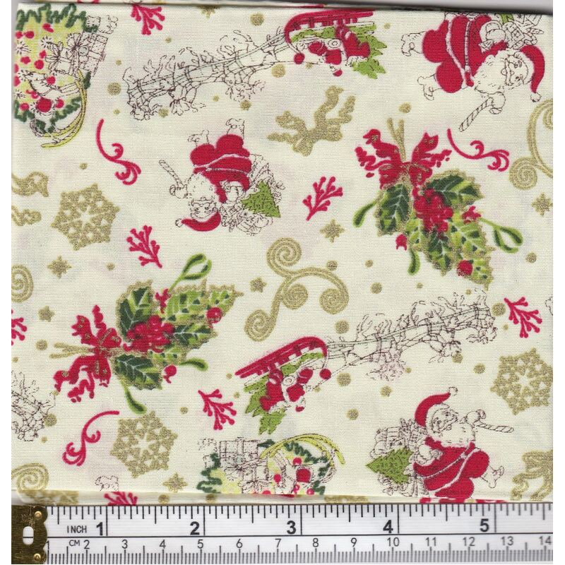Christmas Fat Quarter 023, Approx 50cm x 52cm, Cotton Metallic Print Fabric