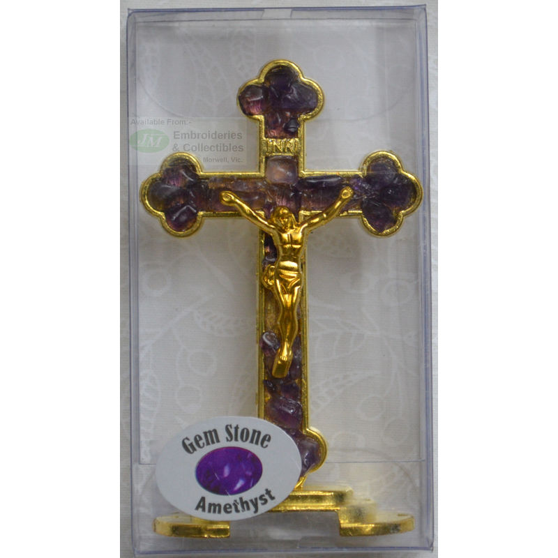 Standing 75mm AMETHYST Gem Stone Crucifix, Gold Tone