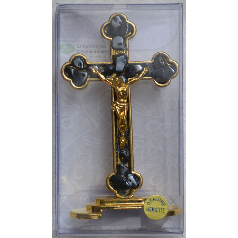 Standing 75mm HEMATITE Gem Stone Crucifix, Gold Tone