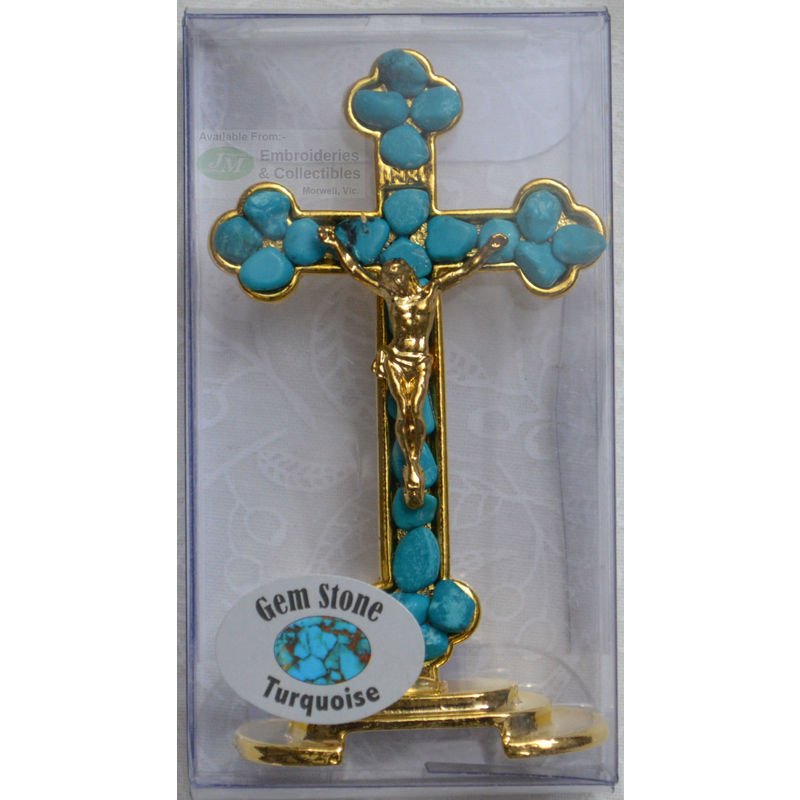Standing 75mm TURQUOISE Gem Stone Crucifix, Gold Tone