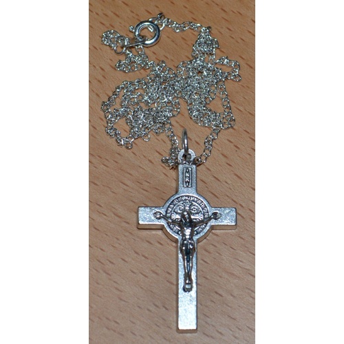 St Benedict Crucifix, 40mm Silver Tone Metal, With 55cm Silver Plated Chain