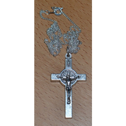 St Benedict Crucifix, 40mm Silver Tone Metal, With 52cm Fine Silver Plated Chain