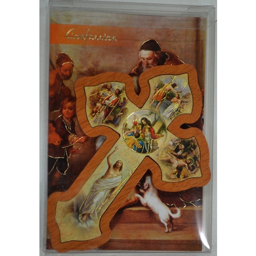 Reconciliation Cross & Booklet, Gold Foil Wood Cross 115mm, Beautiful Item