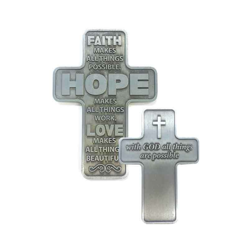 Metal Pocket Cross - Faith Hope Love, 42 x 59mm
