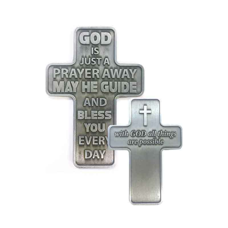 Metal Pocket Cross, 42 x 59mm, GOD IS JUST A PRAYER AWAY
