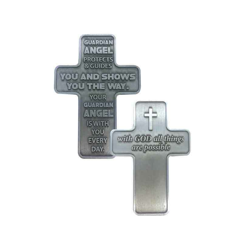 Metal Pocket Cross, 42 x 59mm, GUARDIAN ANGEL PROTECTS AND GUIDES