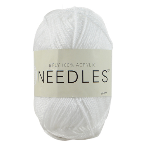 Needles Acrylic Knitting Yarn 8 Ply, 100g Ball, WHITE