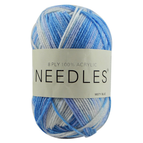 Needles Acrylic Knitting Yarn 8 Ply, 100g Ball, MULTI MISTY BLUE