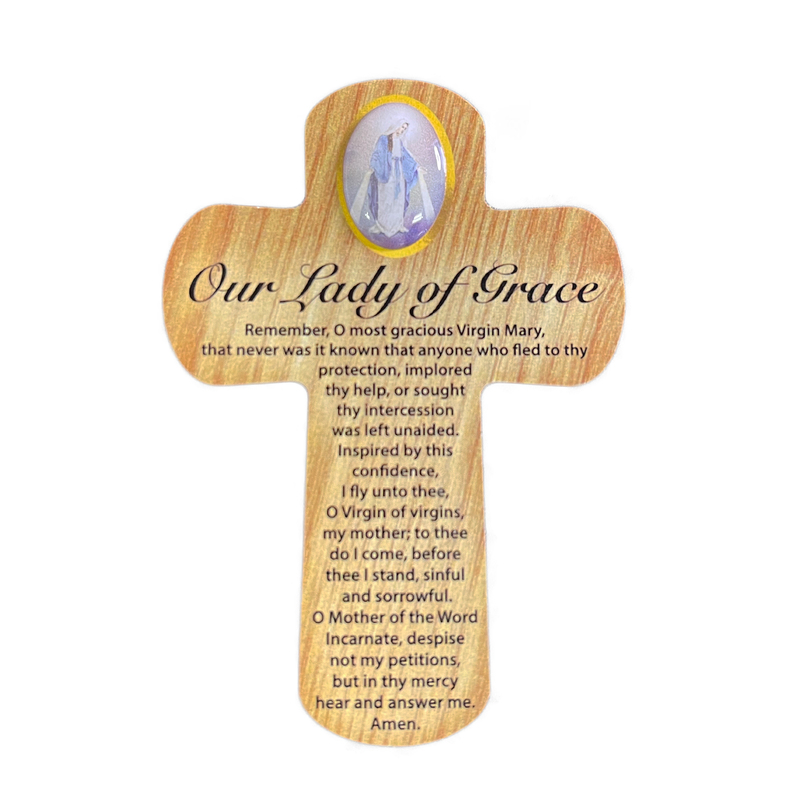 Palm Cross - OUR LADY OF GRACE, 83mm x 60mm MDF CR35007