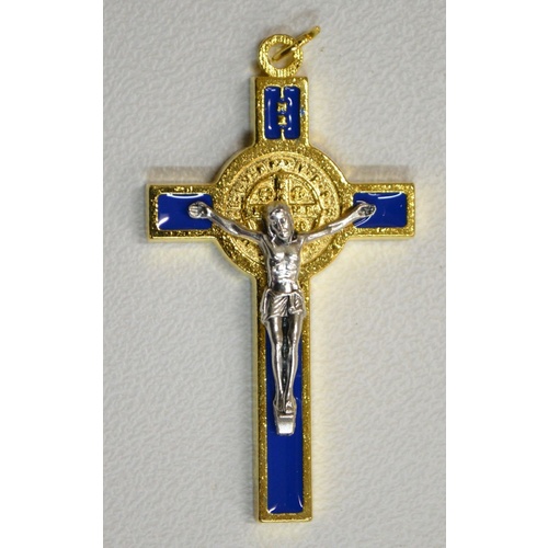 St Benedict Crucifix, All Metal With Blue Enamel Inlay 60mm x 30mm