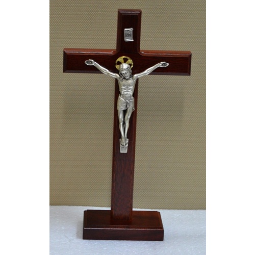 Standing Beechwood Crucifix, Metal Corpus, 290mm x 165mm, Made in Italy