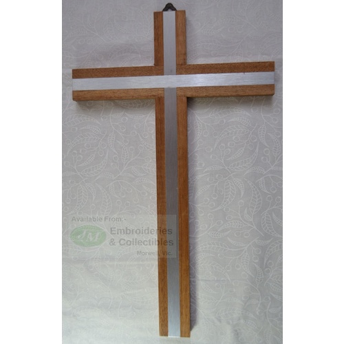 Wall Cross, Wood Cross With Silver Tone Metal Inlay, 250mm x 155mm, Made in Italy