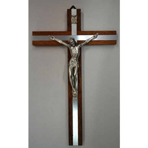 30cm Wall Crucifix, Metal Corpus, Wood Cross With Metal Inlay, Made in Italy
