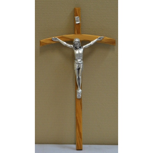 Olive Wood Wall Crucifix, Curved, Metal Corpus, 300mm x 140mm, Made in Italy