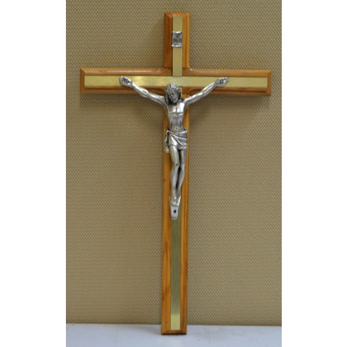 Olive Wood Wall Crucifix, Metal Inlay & Corpus, 300 x 180mm, Made in Italy