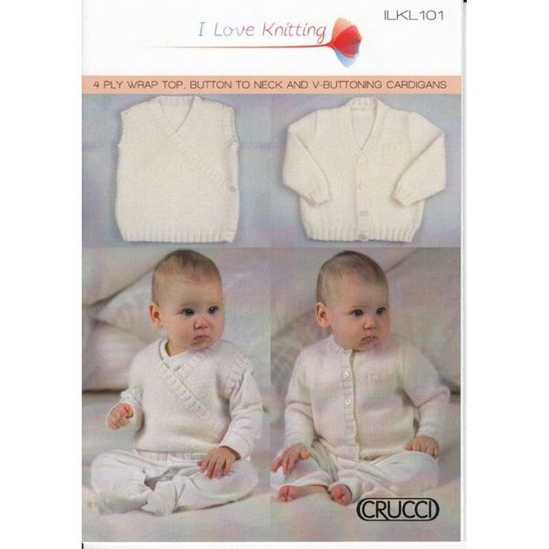Crucci Knitting Pattern ILKL101, 4 Ply Wrap Top, Button to Neck & V Cardigans