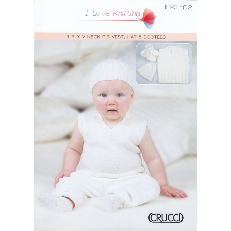 ILKL102 Knitting Pattern Baby 4Ply V-Neck Rib Vest, Hat & Booties