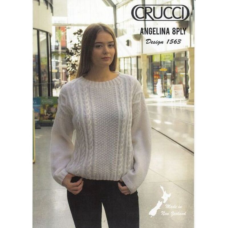 Crucci Knitting Pattern 1563, Aran Sweater, Designed for Angelina 8 Ply Wool