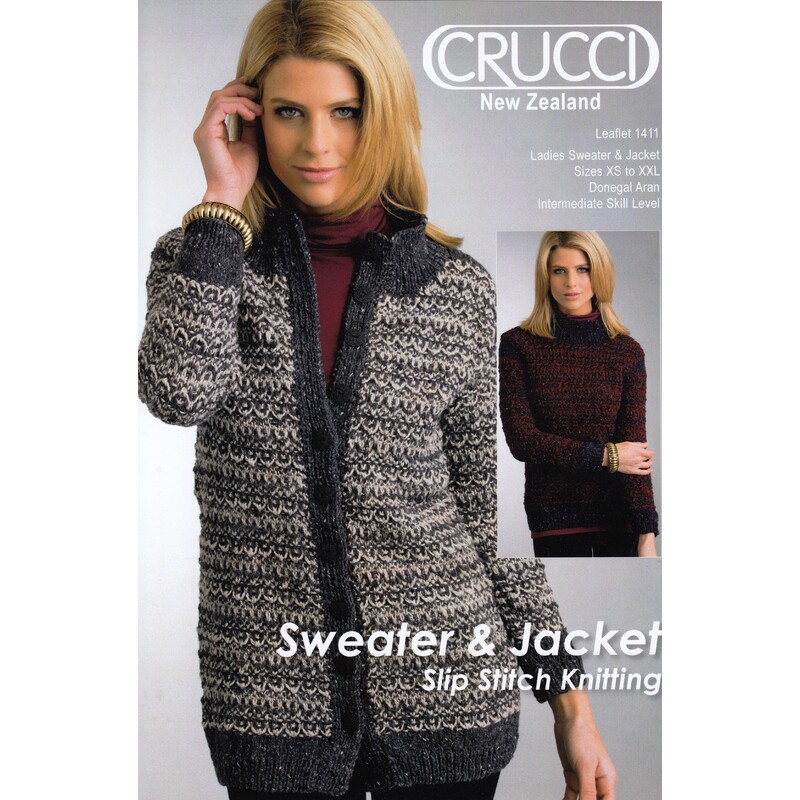 Crucci Knitting Pattern 1411 Ladies Sweater & Jacket Sizes XS - XL, Donegal Aran