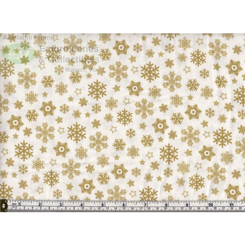 Sparkle Christmas Snow Flakes GOLD, 110cm Wide Cotton Fabric