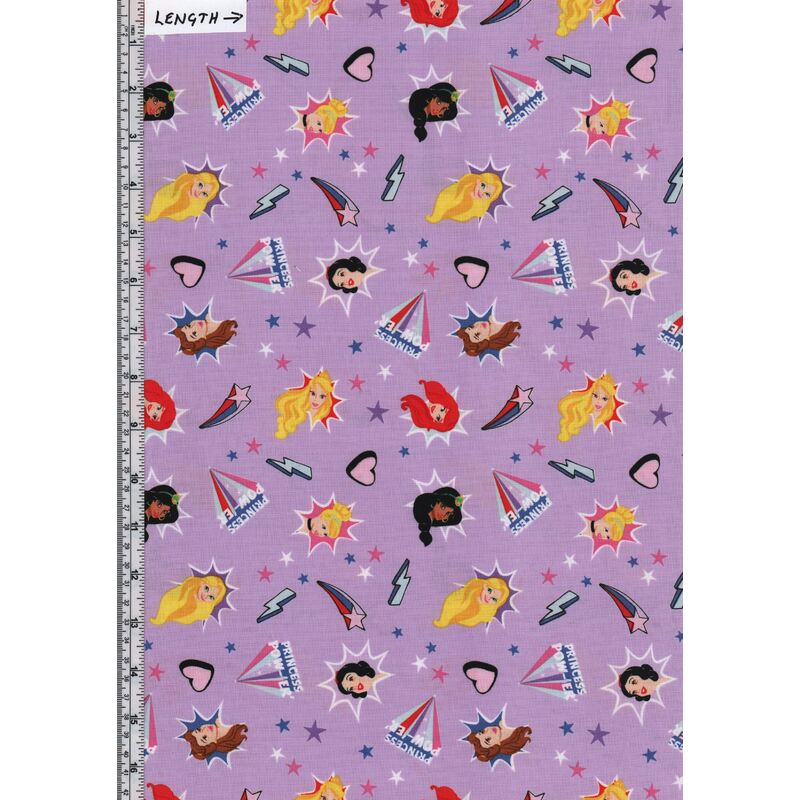 Disney Tossed Princess Burst Purple, Princess Power 110cm Wide Cotton Fabric