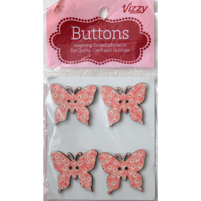 Vizzy Novelty Wooden Buttons Pink Butterfly, 32x27mm, Pack of 4
