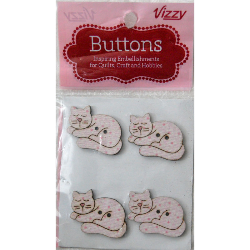 Vizzy Novelty Wooden Buttons Pink Kittens, 32x25mm, Pack of 4