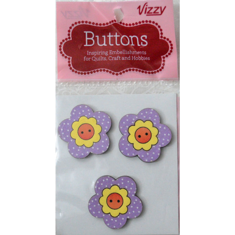 Vizzy Novelty Wooden Buttons Lilac Funky Spotted Flower, 30mm Diameter, Pack of 3
