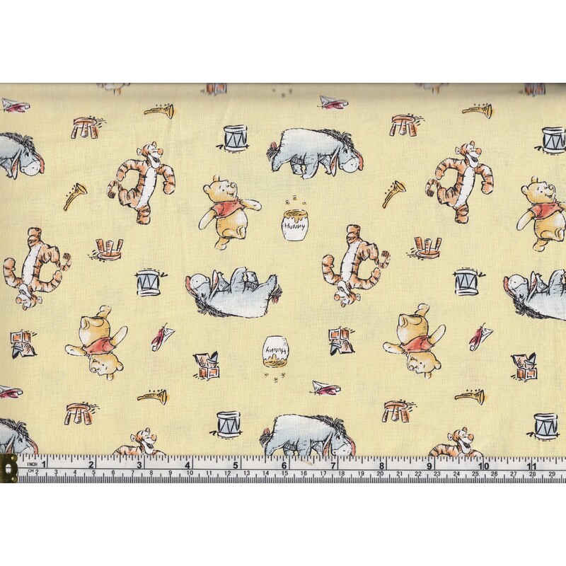 66cm REMNANT Cotton Fabric, Disney Winnie The Pooh Playtime Chamomile 112cm Wide