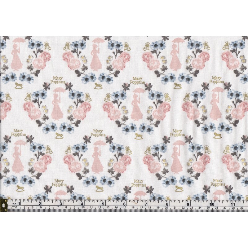 Cotton Fabric, Disney Mary Poppins Damask White 112cm Wide, 65cm - 75cm REMNANT