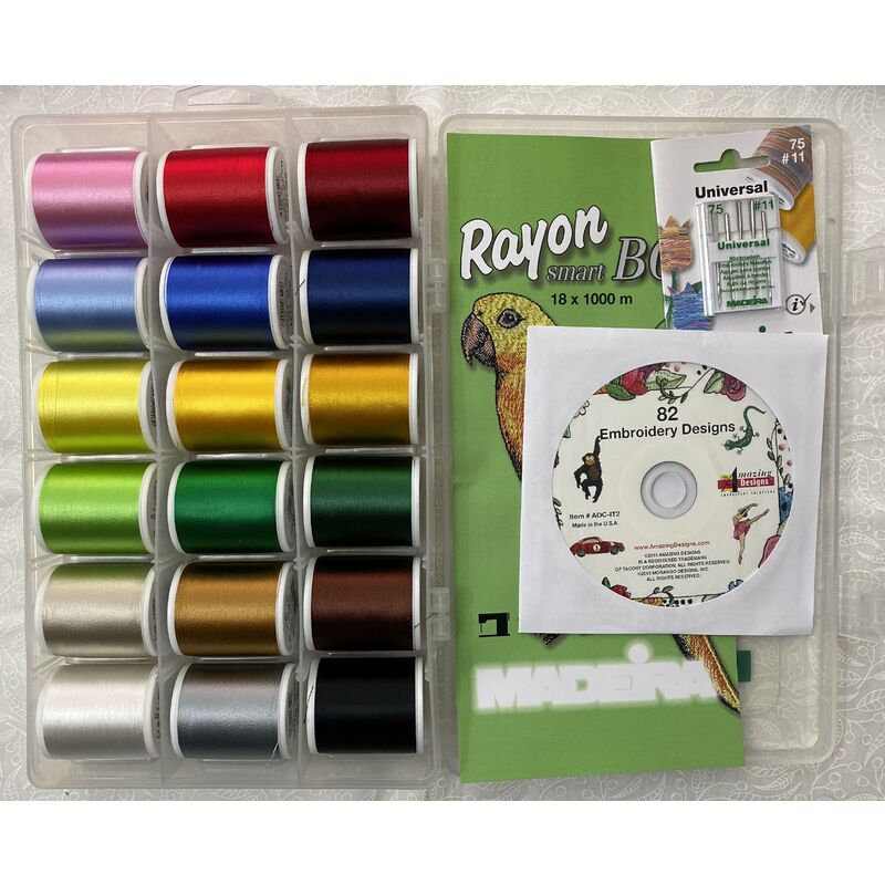Madeira Rayon Smart Box 18 x 1000m Spools in Handy Box With Bonus Needles & CD