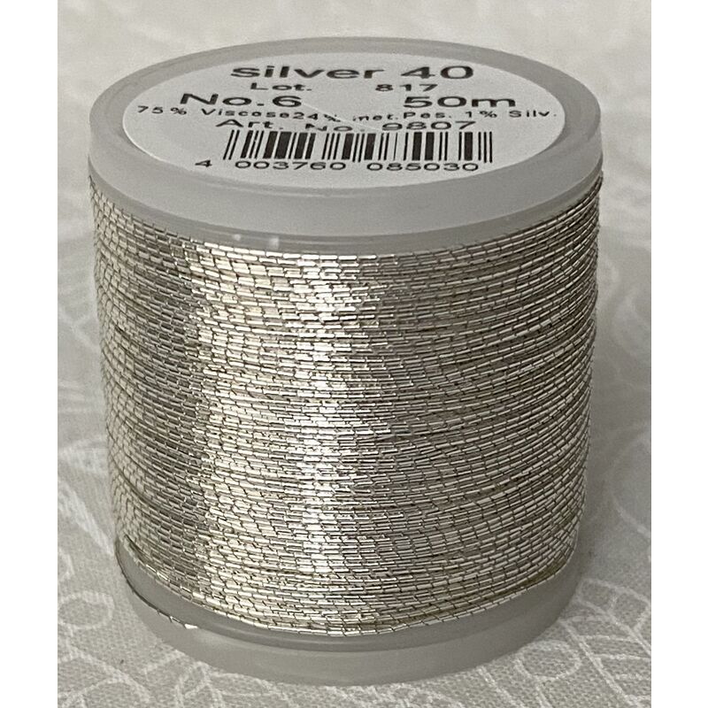 Madeira Metallic No.6, 50m Hand Embroidery Thread, Colour SILVER (9807.SILVER 40)
