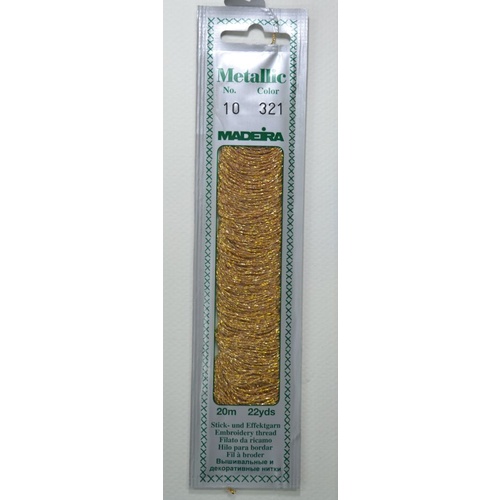 Madeira Perle No. 10 Metallic Hand Embroidery Thread, 20m Colour SULTAN GOLD 321
