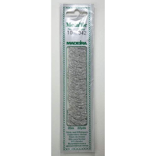 Madeira Perle No. 10 Metallic Hand Embroidery Thread, 20m Colour SILVER 342