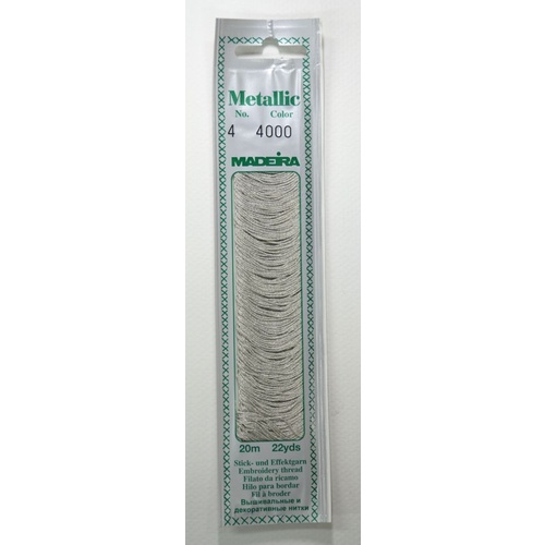 Madeira No. 4, 20m Metallic Hand Embroidery Thread, SILVER DUST Colour 4000 