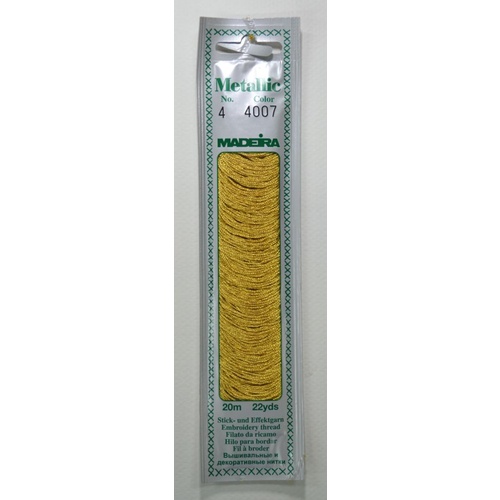 Madeira No. 4, 20m Metallic Hand Embroidery Thread, PURE GOLD Colour 4007