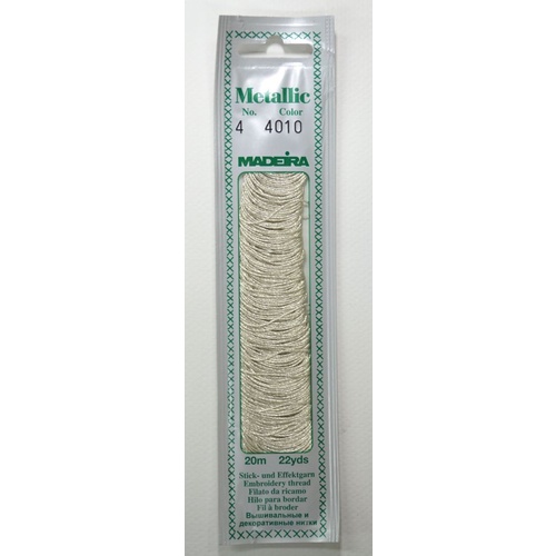 Madeira No. 4, 20m Metallic Hand Embroidery Thread, PURE SILVER Colour 4010